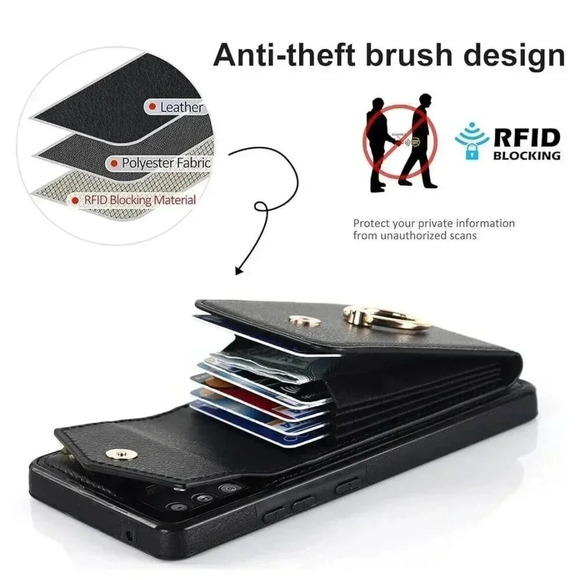 Leather Wallet Case Galaxy A13 5G 360° Ring Kickstand With Strap RFID Black - Picture 6 of 8
